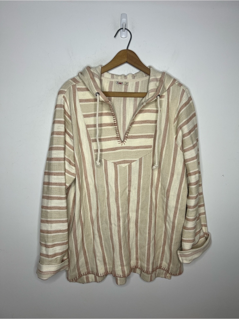 Faherty Daytripper Striped V Neck Hooded Pullover Sweatshirt Pink Cream L